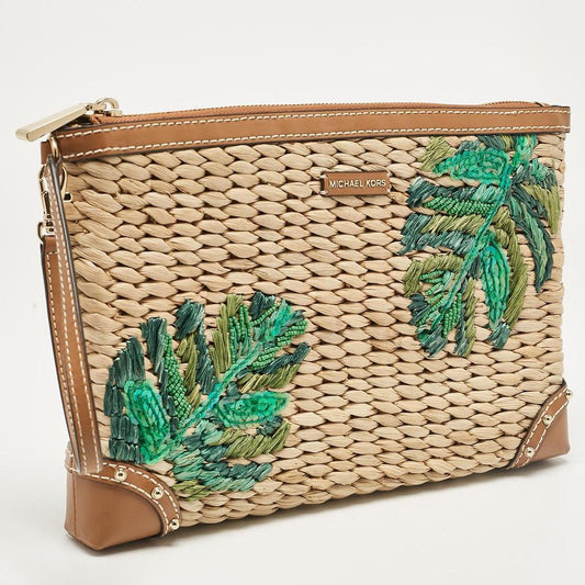 Tan Wicker Malibu Wristlet Zip Pouch