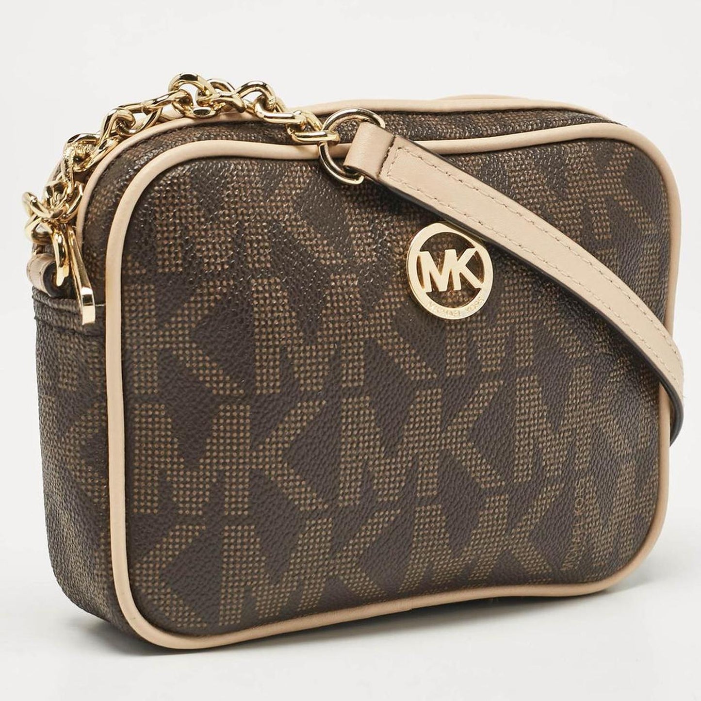 Michael Kors Beige/brown Signature Coated Canvas And Leather Mini Camera Crossbody Bag