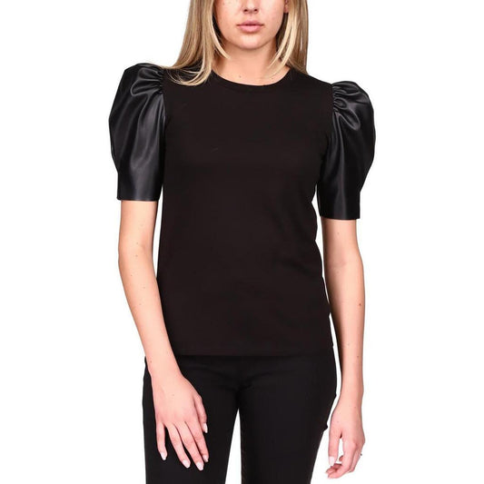 Petites Womens Faux Leather Puff Sleeves T-Shirt