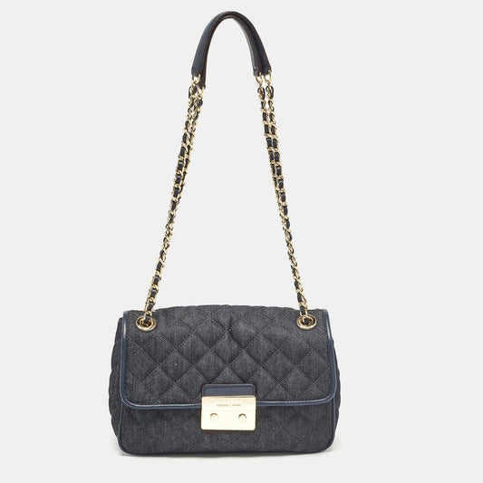 Michael Kors Navy Blue Quilted Denim And Leather Sloan Shoulder Bag