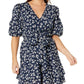 Petite Print Tie Front Cotton Puff-Sleeve Dress