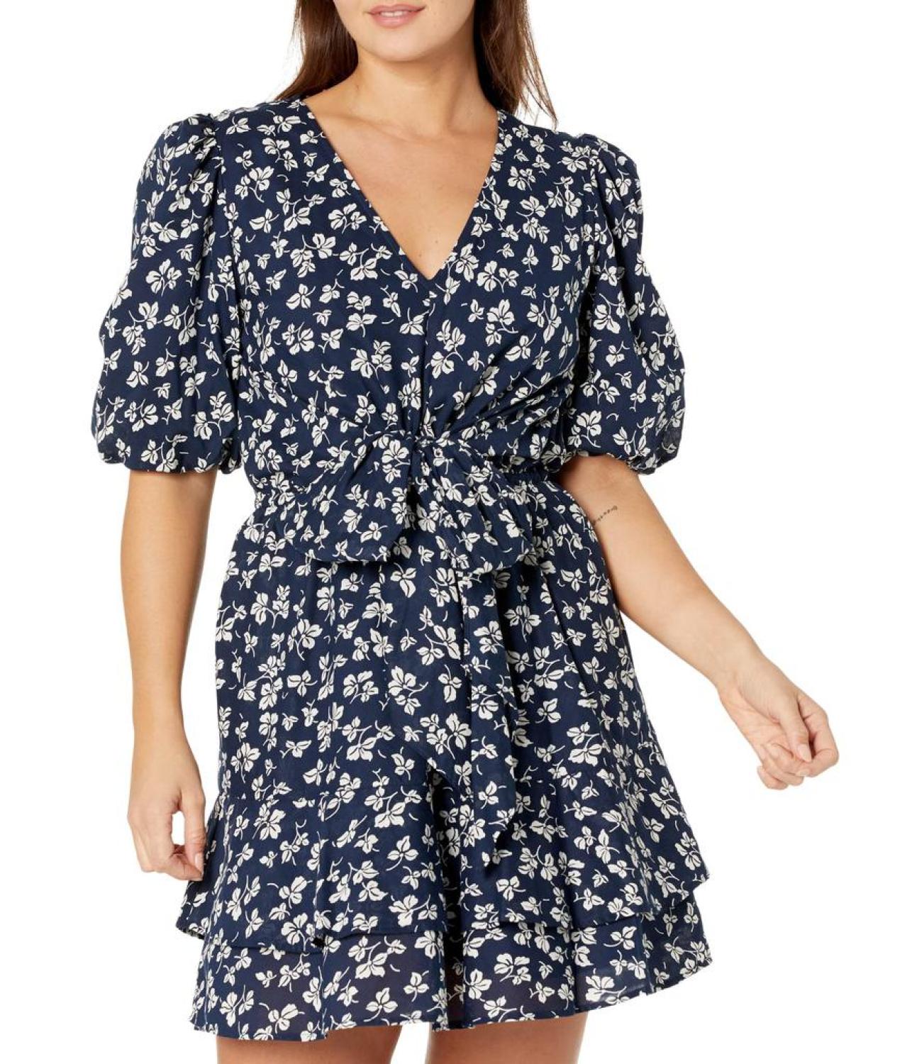 Petite Print Tie Front Cotton Puff-Sleeve Dress