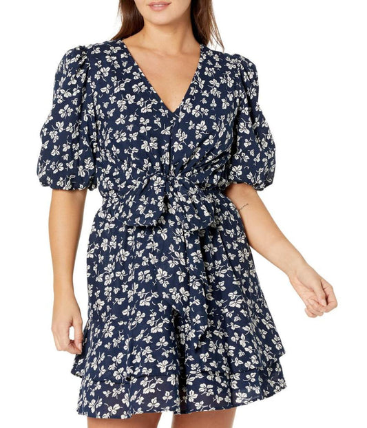 Petite Print Tie Front Cotton Puff-Sleeve Dress