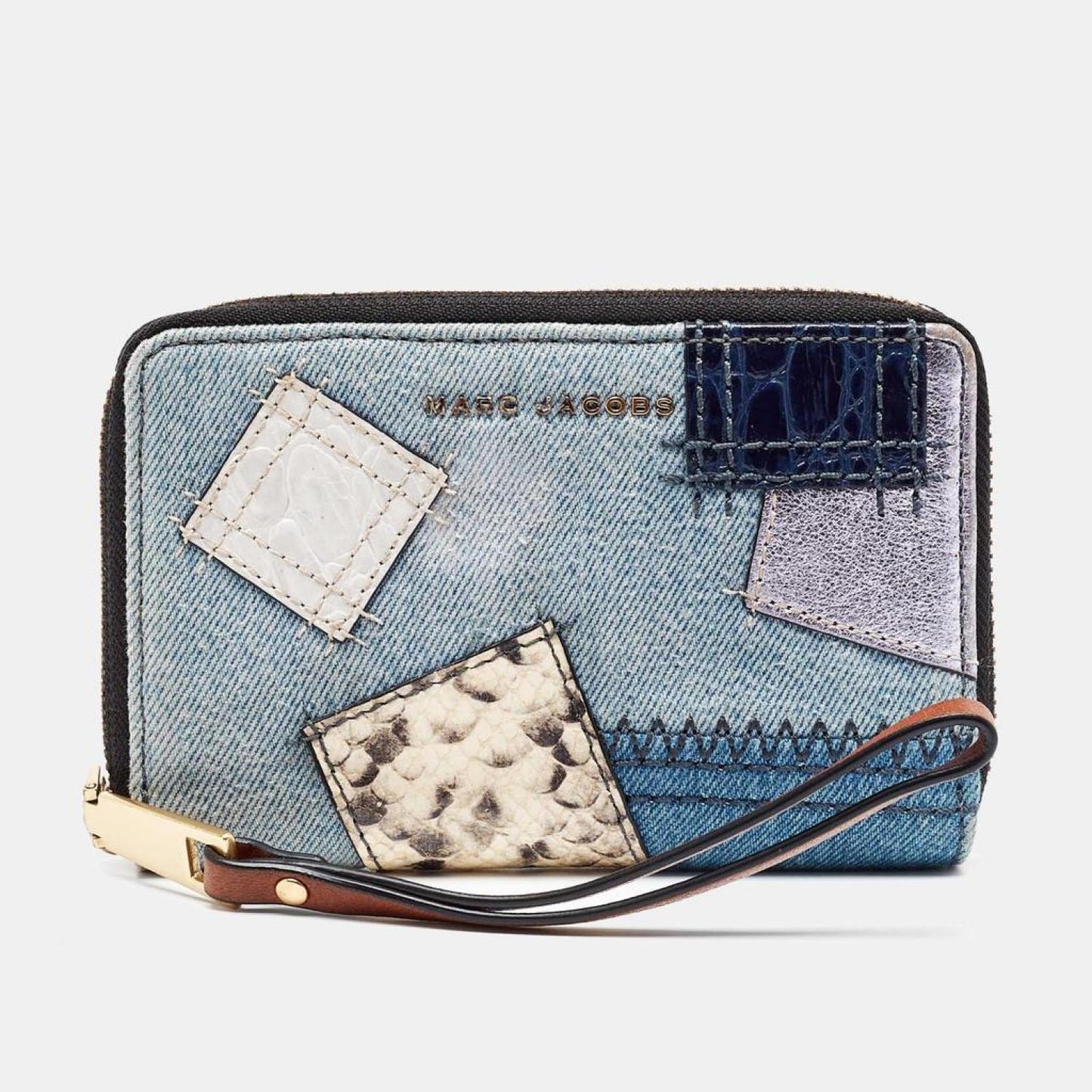 Marc Jacobs Blue/multicolor Denim Patchwork Wristlet Zip Around Wallet