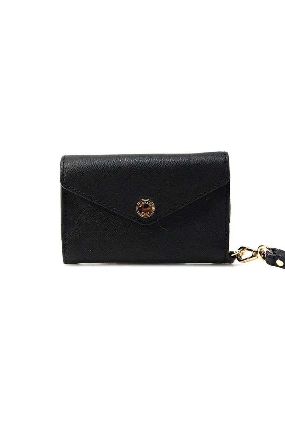 Michael Kors Womens Button Flap Saffiano Leather Wristlet Wallet Black