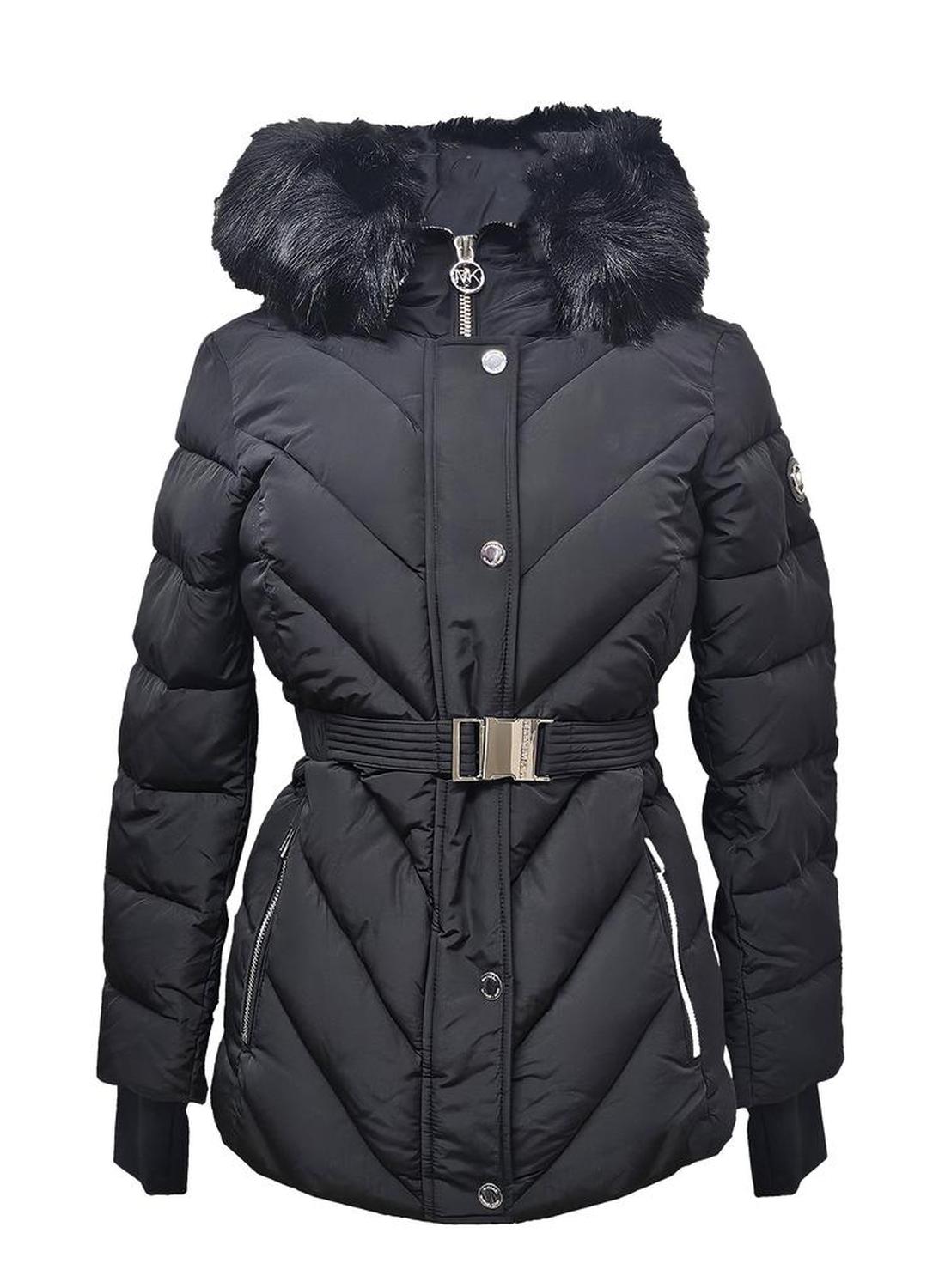 Michael Kors Women's Belted Chevron Scuba Coat w/Faux Fur, Black