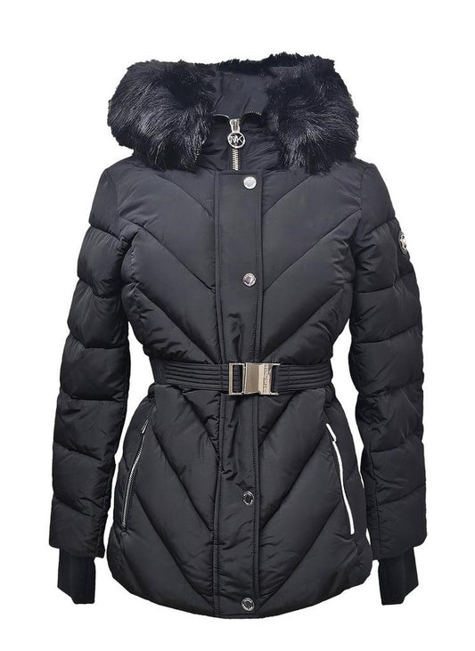 Michael Kors Women's Belted Chevron Scuba Coat w/Faux Fur, Black