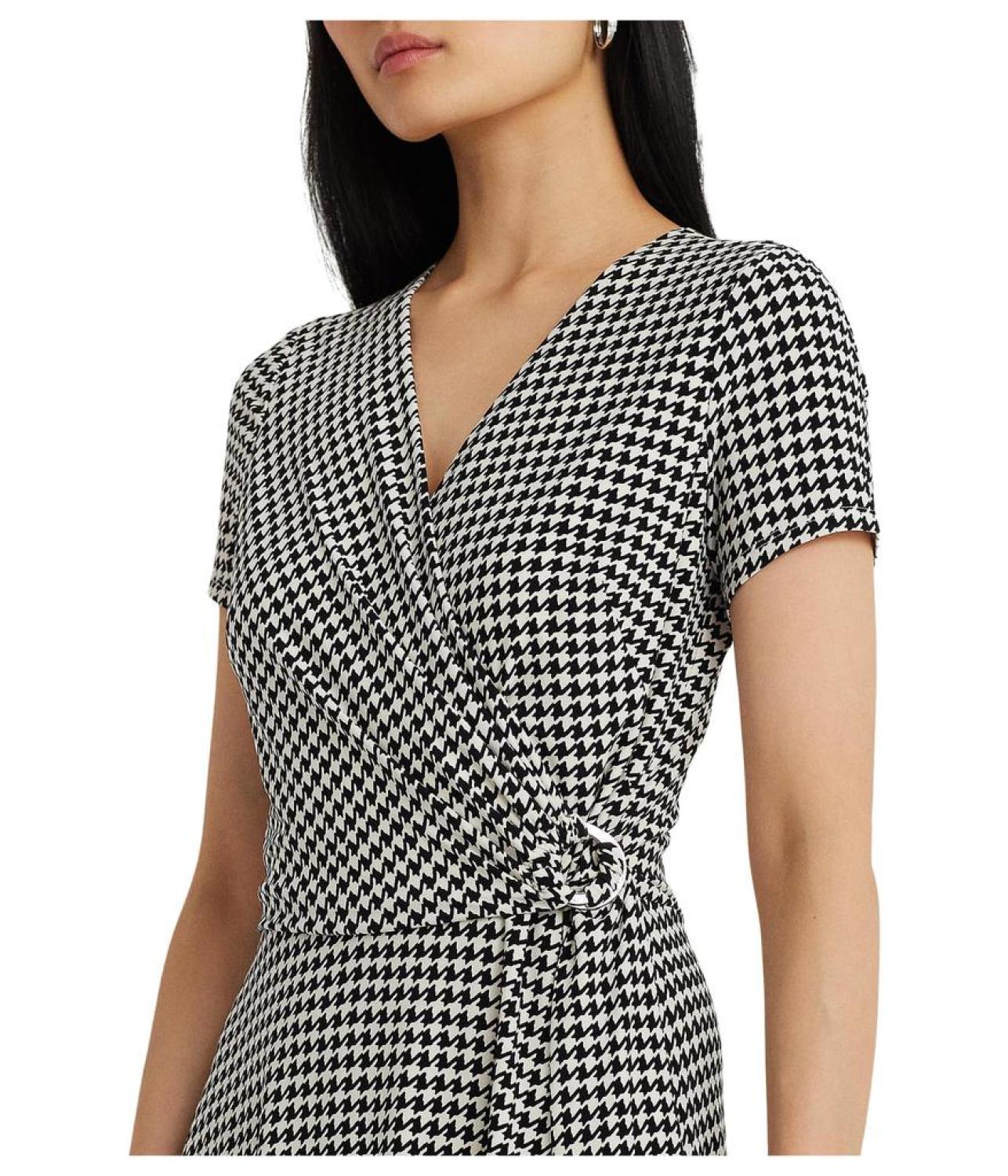 Houndstooth Jersey Surplice Dress