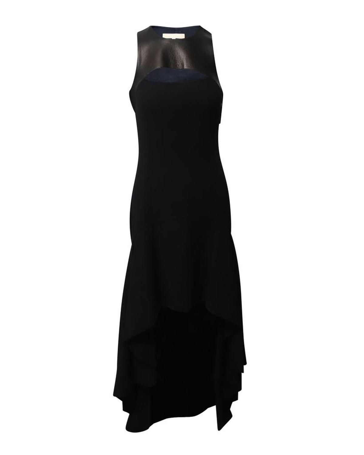 Michael Kors Halter Mullet Hem Evening  Dress in Black Wool and Leather