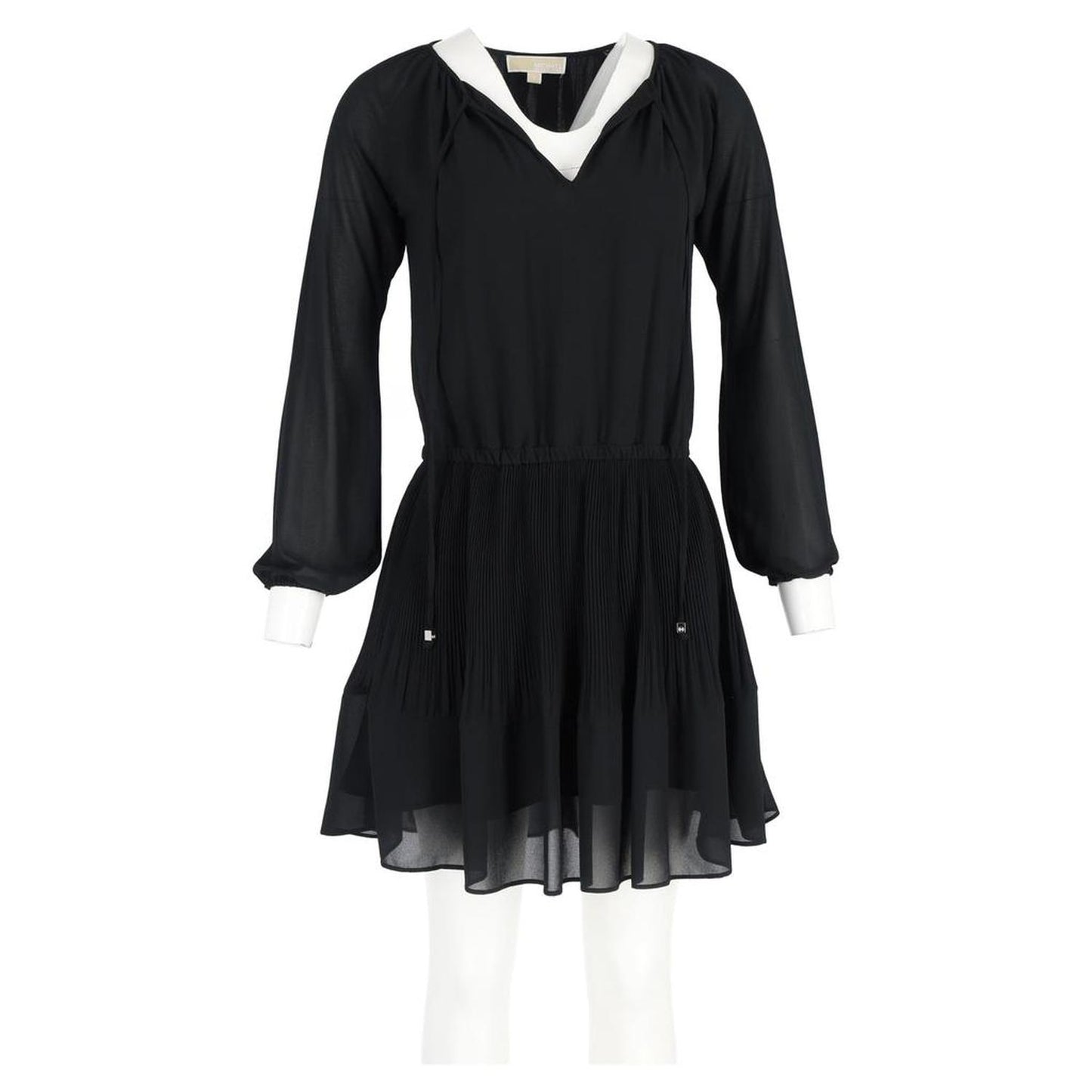 Pleated Mini Long Sleeve Dress in Black Polyester