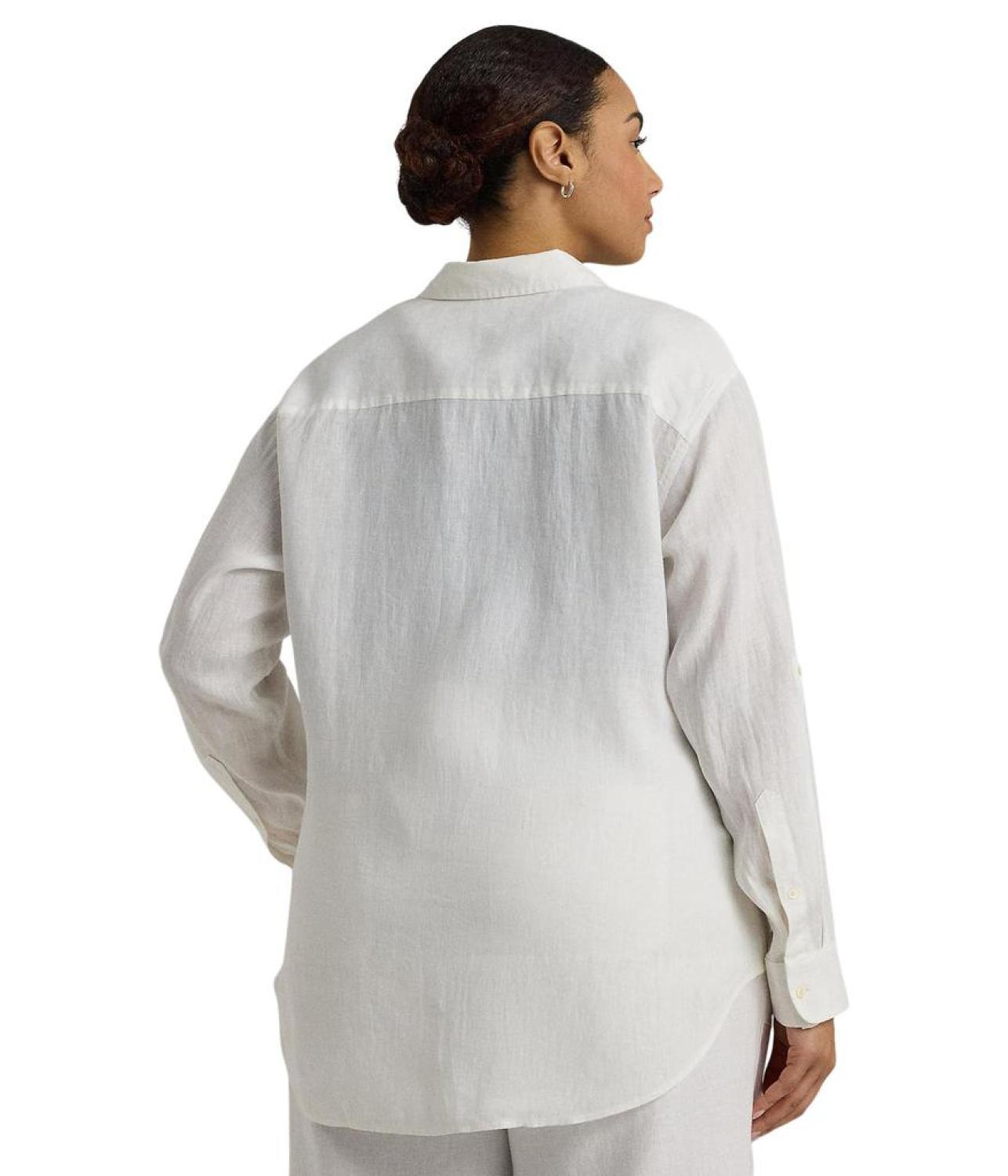 Plus-Size Oversize Floral Eyelet-Logo Linen Shirt