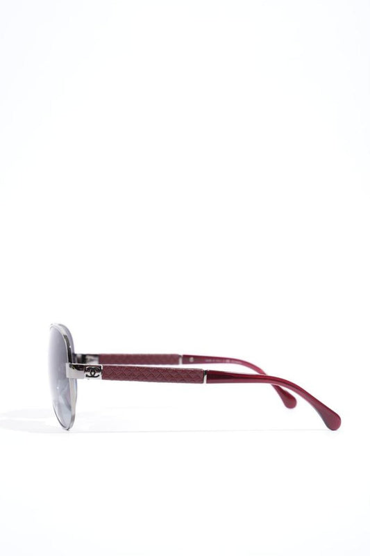 Chanel Polarised Lens Aviator Sunglasses Silver / Maroon Acetate 135