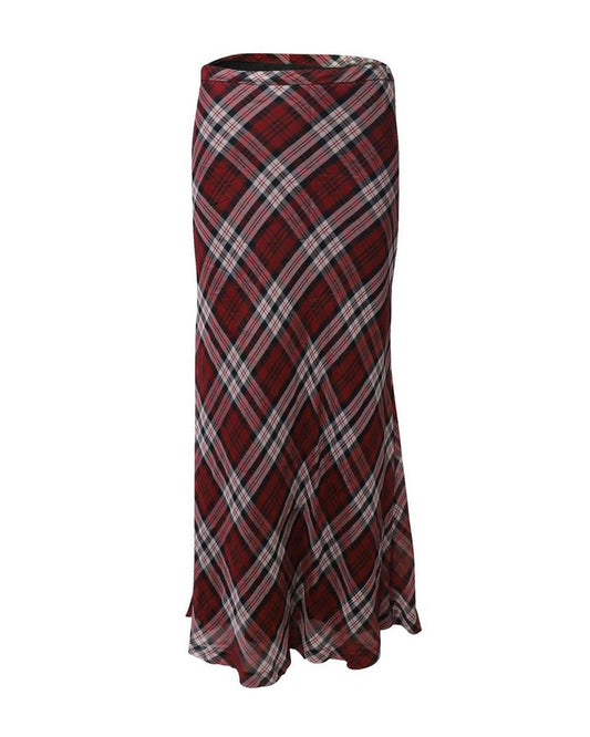 Michael Kors Plaid Maxi Skirt in Red Silk-Voile