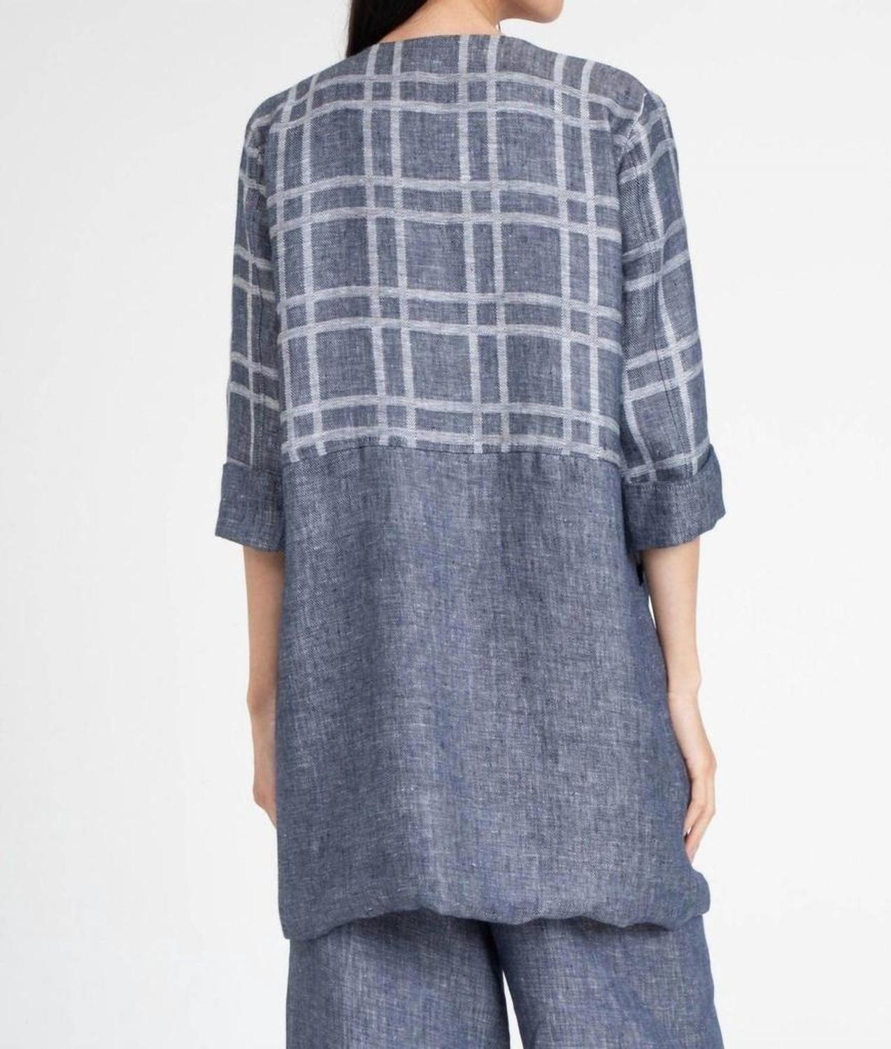 Carrie Car Linen Coat In Indigo Plaid