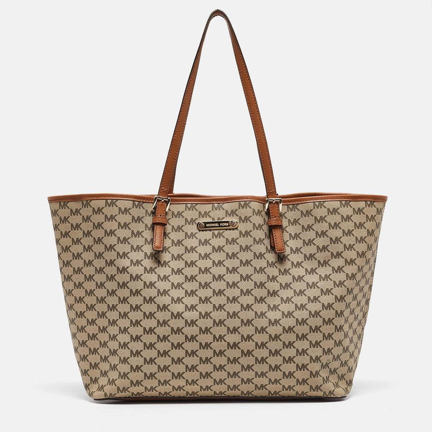 Michael Kors Brown/beige Signature Coated Canvas And Leather Emery Tote