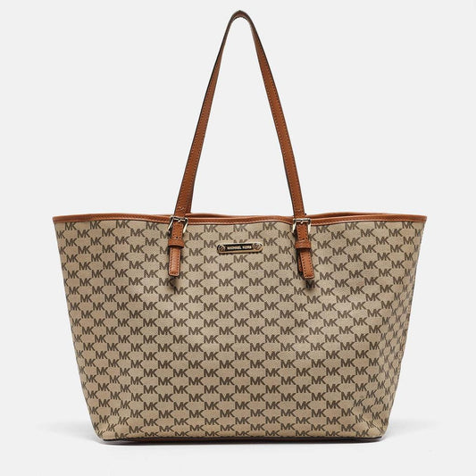 Michael Kors Brown/beige Signature Coated Canvas And Leather Emery Tote