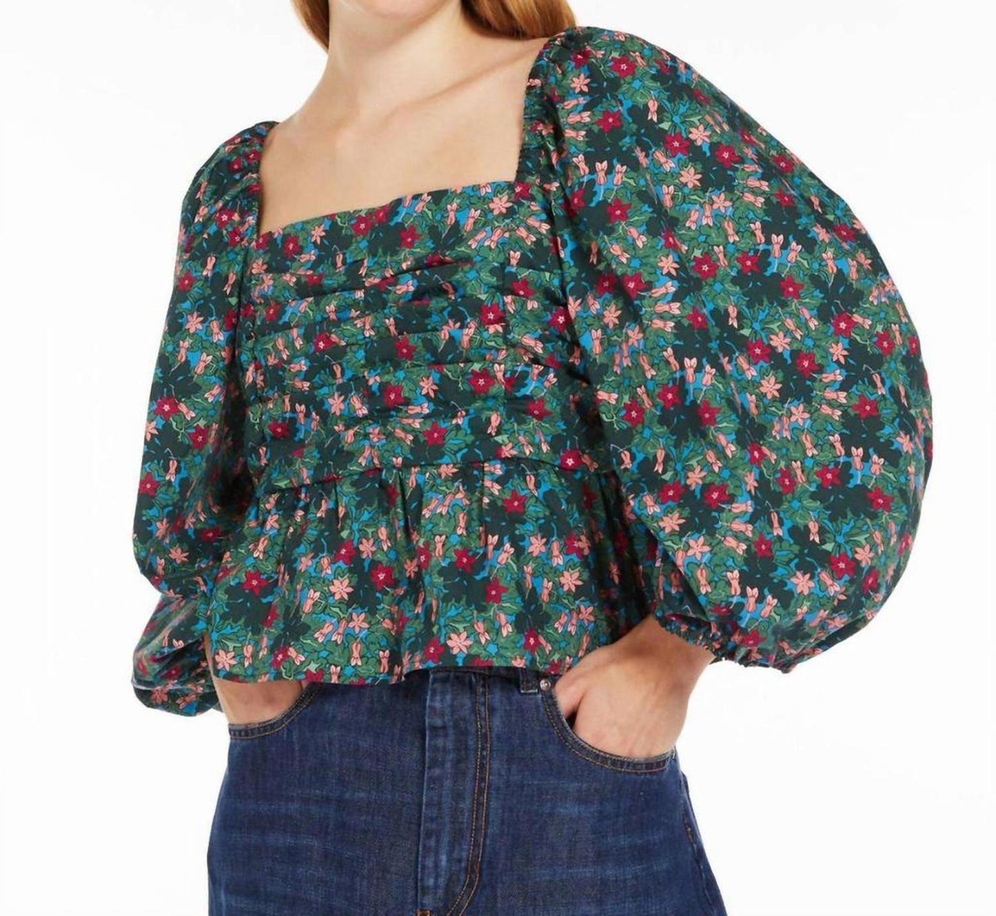 Weekend Palpiti Poplin Floral Smocked Top In Green Bluebell