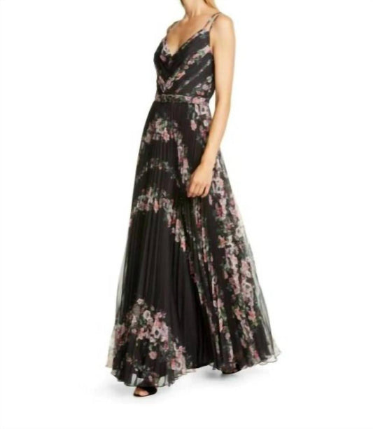 Notte Floral Sleeveless Pleated Chiffon Gown In Black