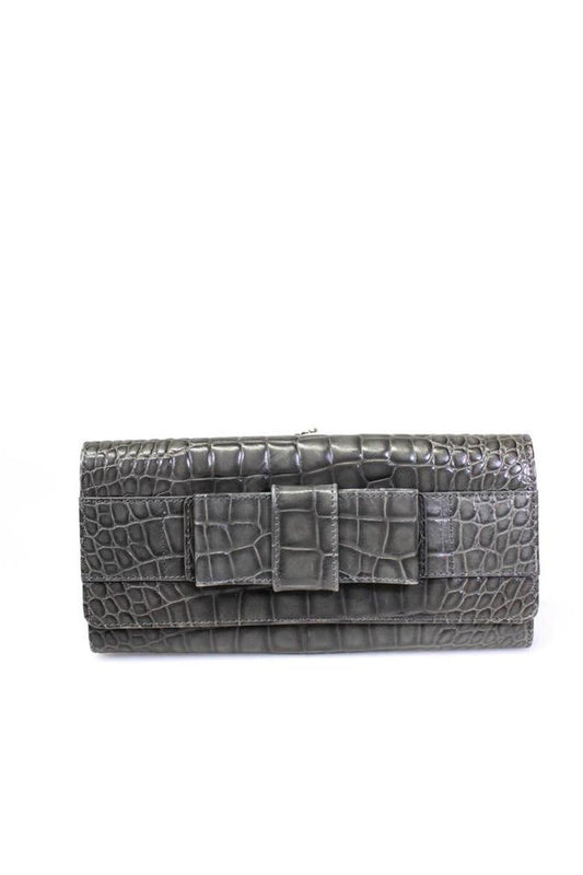 Michael Kors Leather Alligator Embossed Bow Accent Medium Envelope Clutch Gray