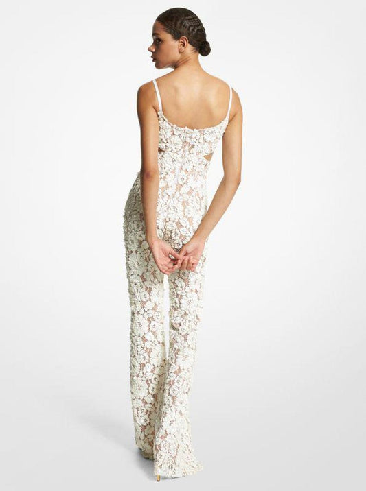 Hand-Embroidered Paillette Floral Lace Flared Jumpsuit