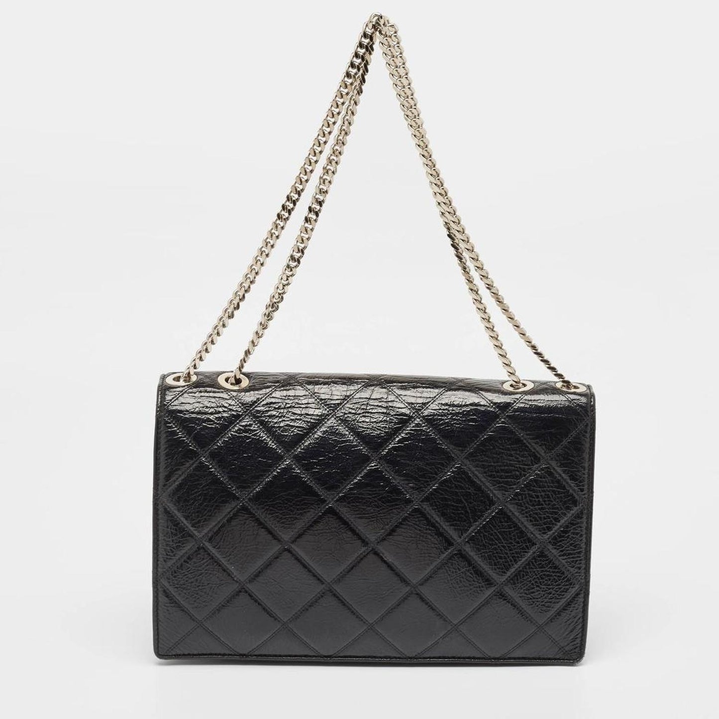 Black Glossy Quilted Leather Trouble Flap Shoulder Bag