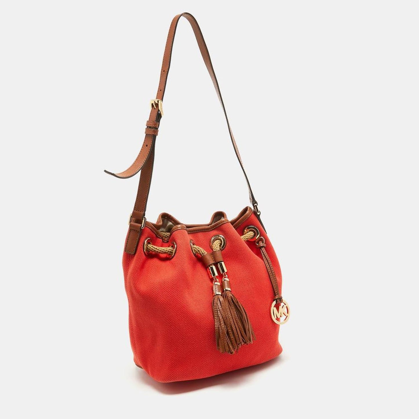 Michael Kors Orange/brown Canvas And Leather Marina Drawstring Bag