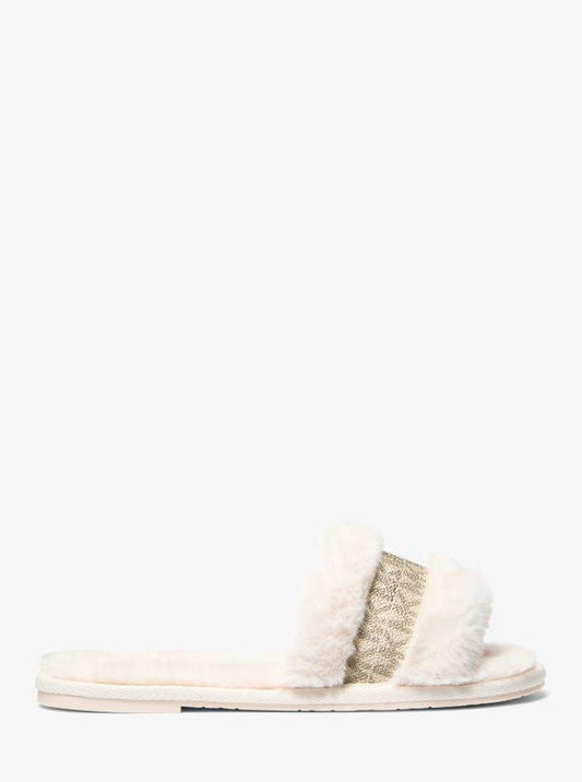 Alexis Faux Fur and Metallic Signature Logo Slide Sandal