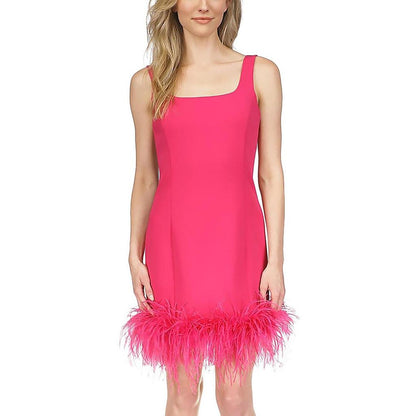 Womens Feather Trim Mini Cocktail And Party Dress