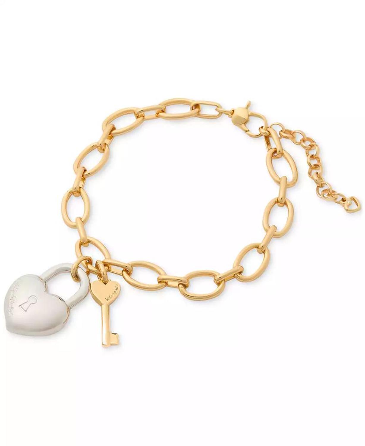 Two-Tone Heart Lock & Key Charm Bracelet