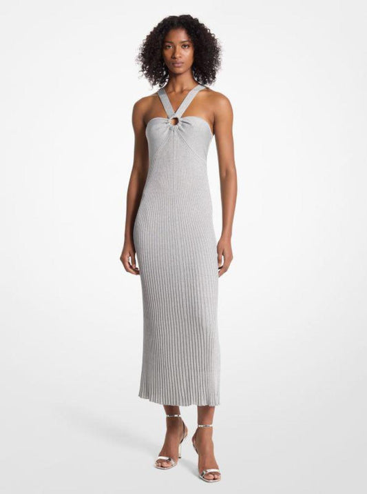 Metallic Knit Ring Halter Dress