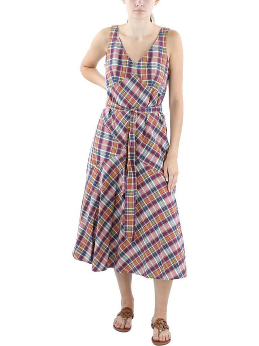 Madras Womens Plaid Cotton Midi Dress