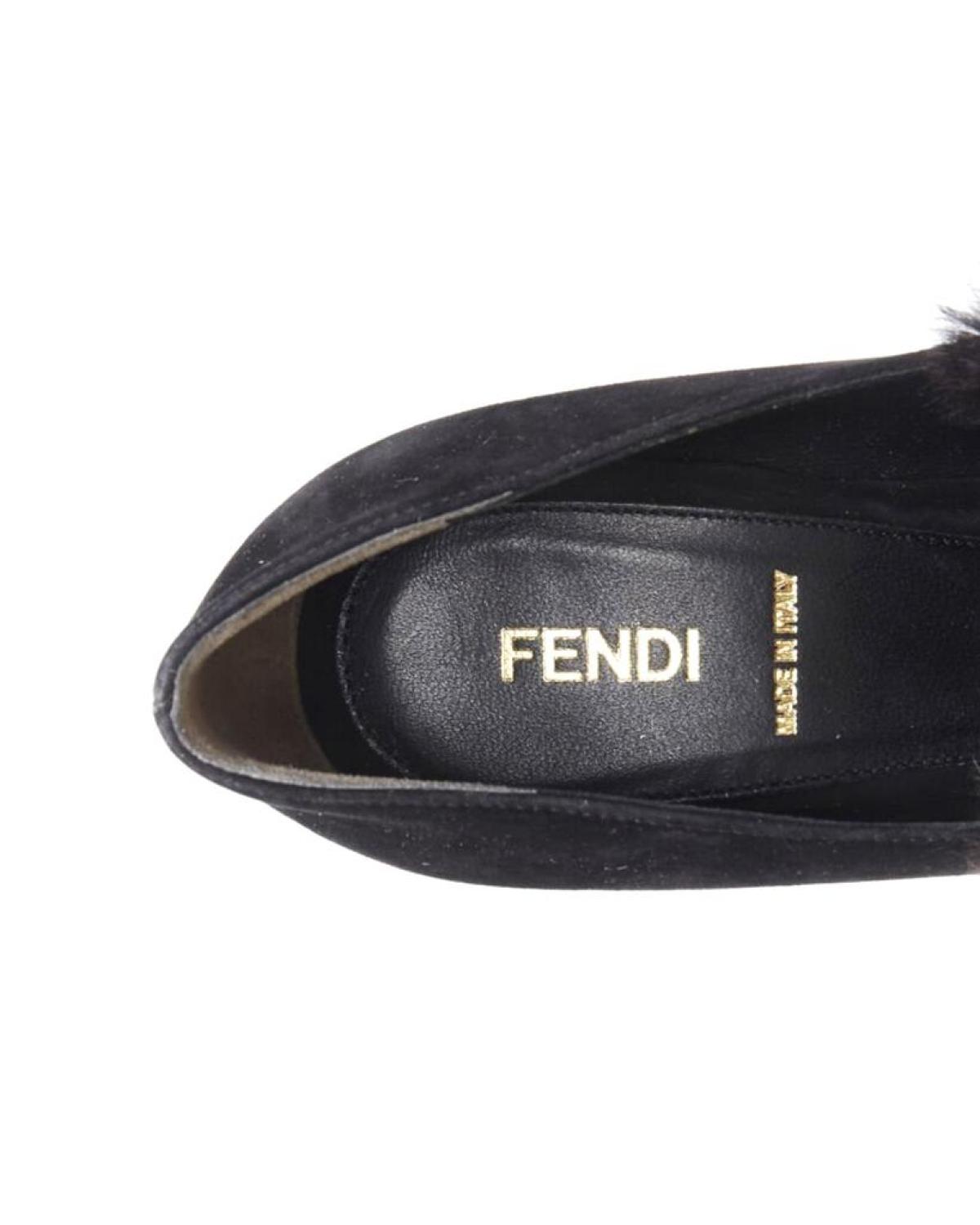 FENDI black suede black white mink fur front point toe chunky heel pump