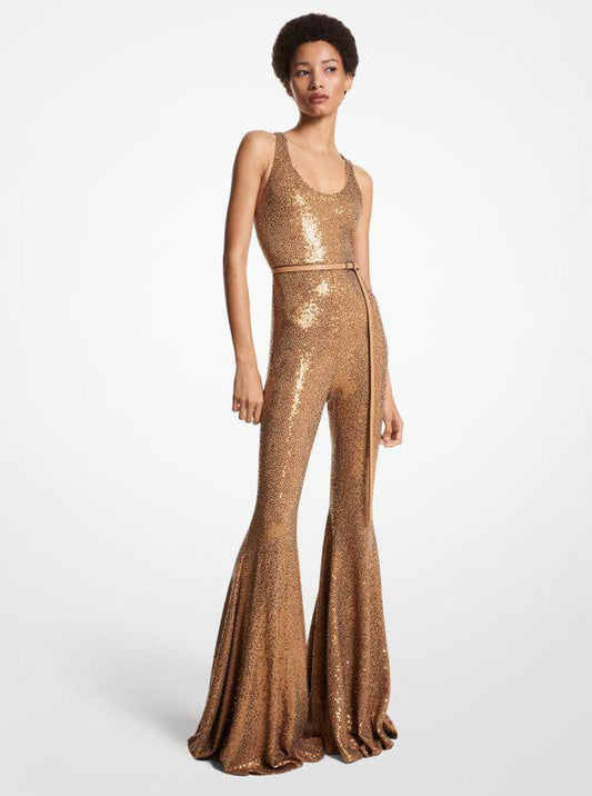 Hand-Embroidered Sequin Stretch Matte Jersey Flared Jumpsuit