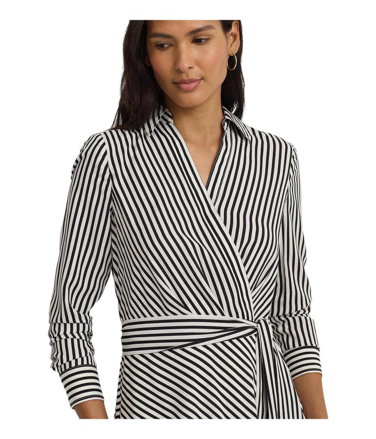 Striped Surplice Crepe Midi Dress