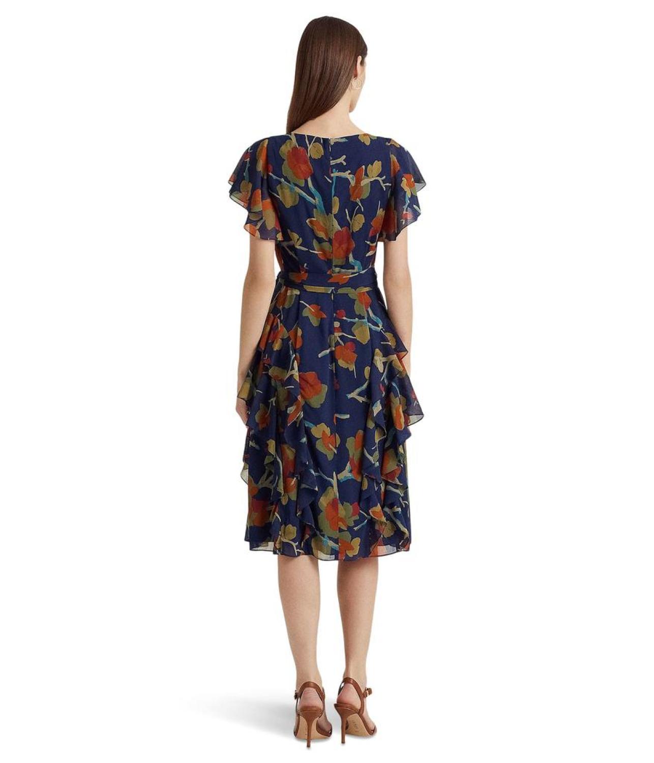 Floral Ruffle-Trim Georgette Dress