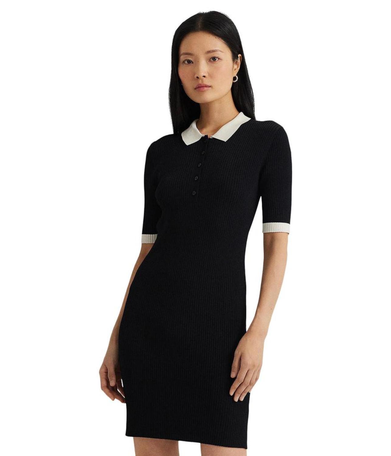 Two-Tone Rib-Knit Polo Sweater Dress