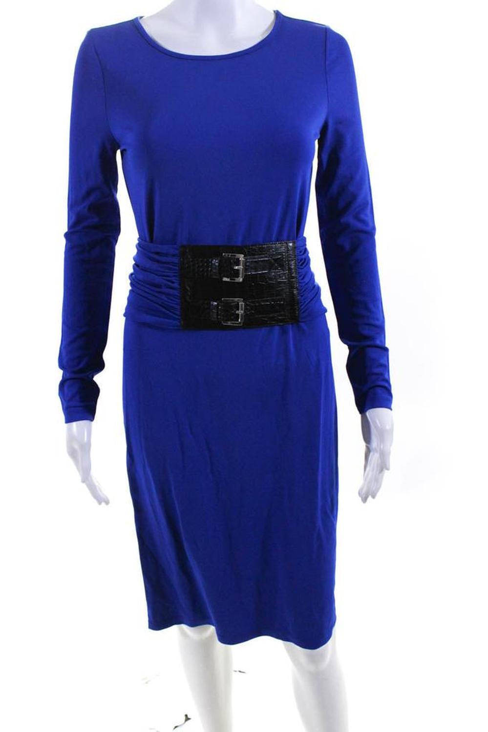 Michael Kors Collection Womens Long Sleeve Ruched Belt Sheath Dress Blue