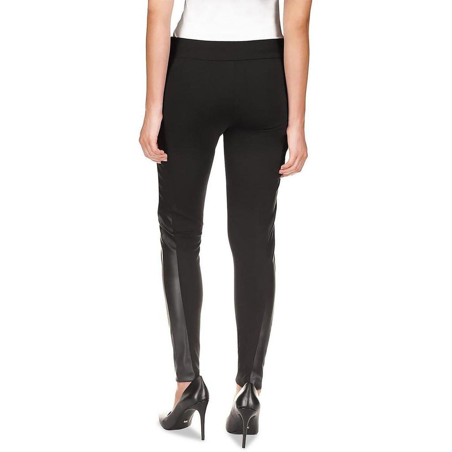 Womens Faux Leather Trim High Rise Leggings