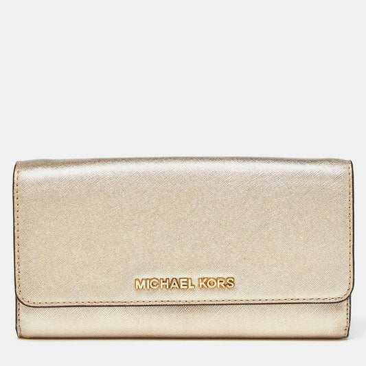 Michael Kors Gold Leather Jet Set Travel Wallet On Chain