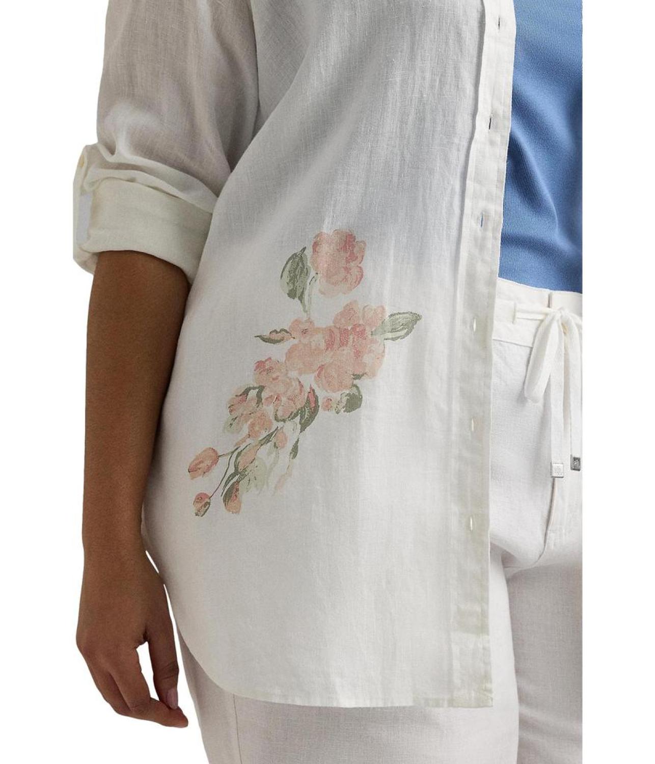 Plus-Size Oversize Floral Eyelet-Logo Linen Shirt