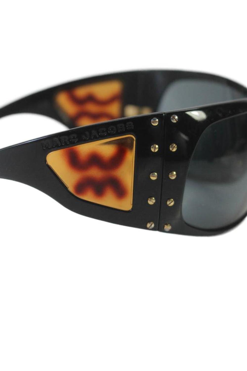 Womens Gold Tone Studded Gray Lens Large Shield Sunglasses Black