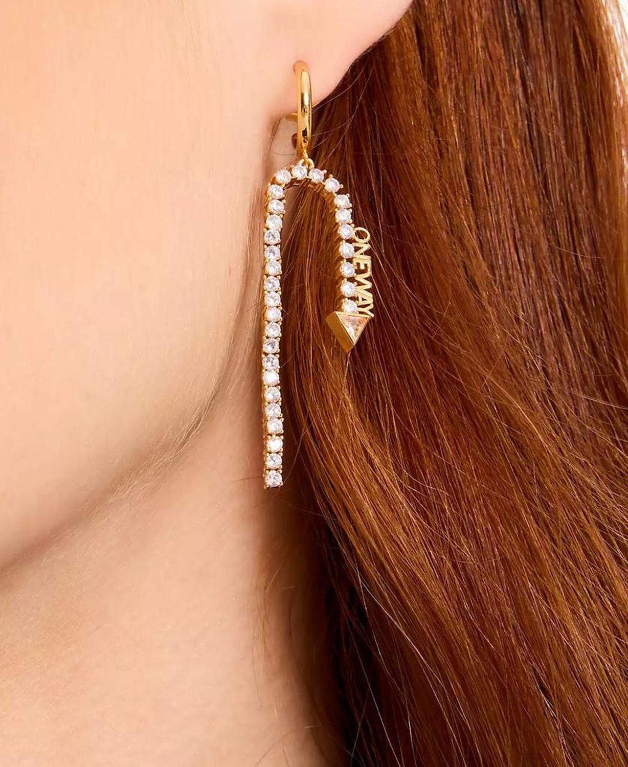 Gold-Tone Cubic Zirconia Detour & One Way Mismatch Charm Hoop Earrings