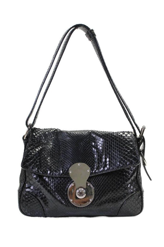 Ralph Lauren Womens Single Strap Snakeskin Ricky Handbag Black Medium