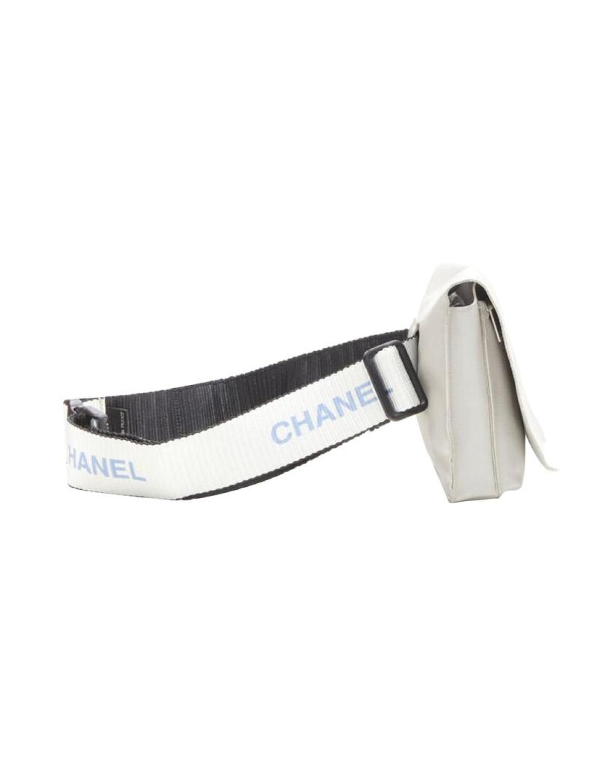 CHANEL 1990's Vintage silver nylon logo strap CC buckle square flap waist bag