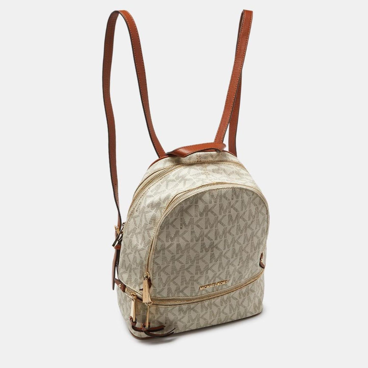 Michael Kors White/tan Signature Coated Canvas And Leather Medium Rhea Backpack