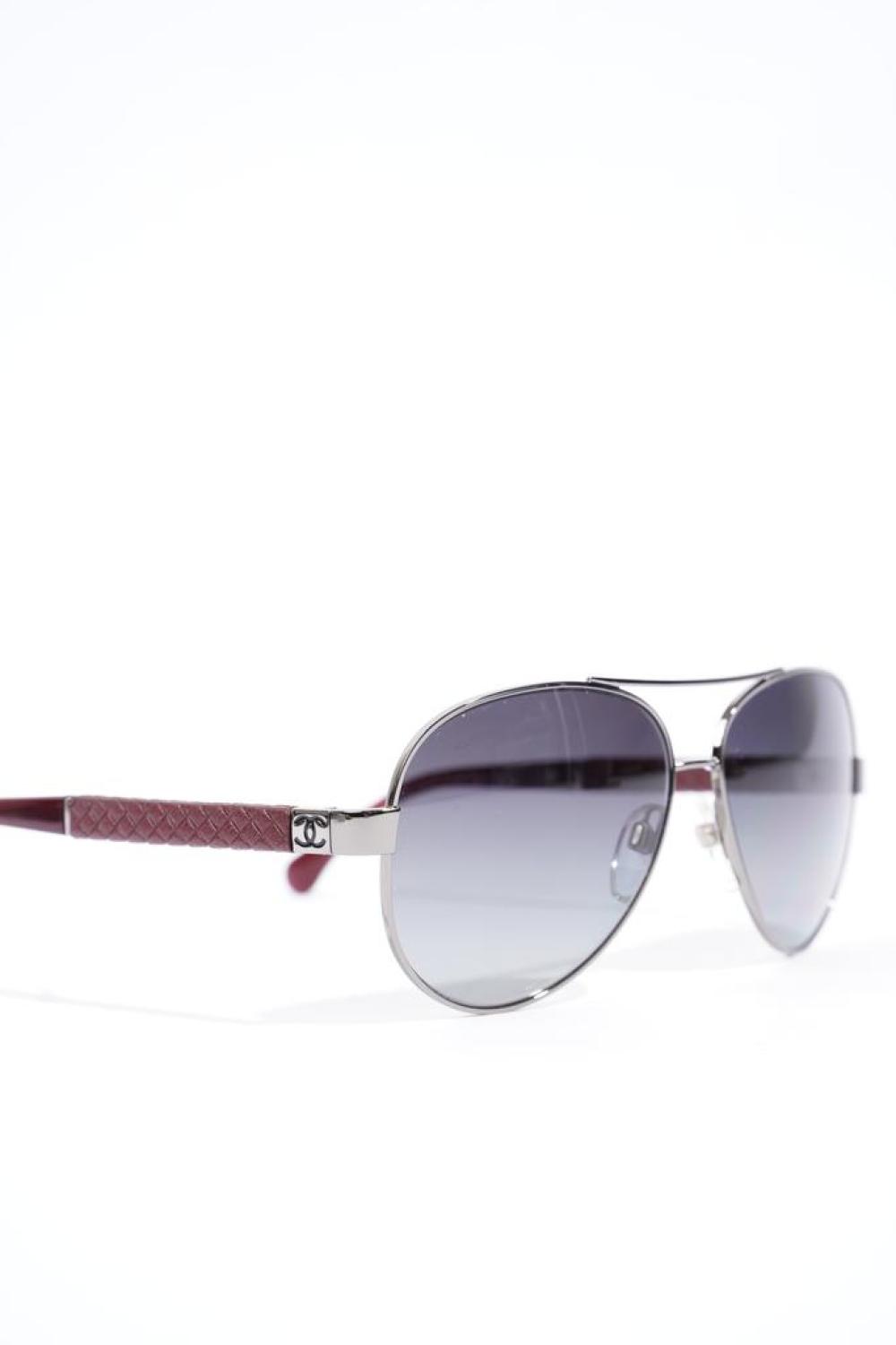 Chanel Polarised Lens Aviator Sunglasses Silver / Maroon Acetate 135