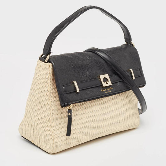 Kate Spade Beige/black Woven Straw And Leather Loula Shoulder Bag