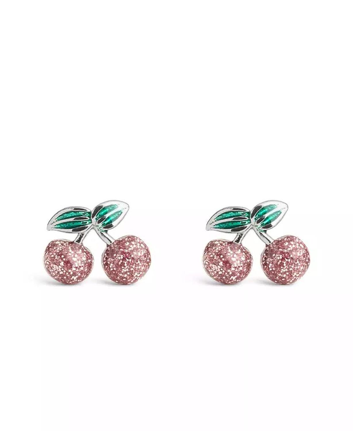 Pink Glitter Cherry Cluster Stud Earrings