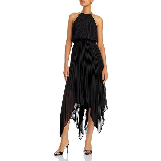 Womens Shutter Pleat Midi Halter Dress