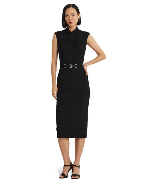 Belted Jersey Mock Neck Dress